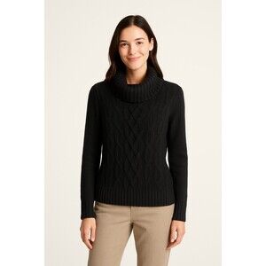 Lafayette 148 100% Cashmere Sweater Large Black Cable Knit Turtleneck Preppy